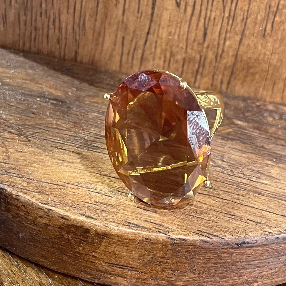 Vtg Gold Tone Adjustable Large 1" Synthetic Citrine Oval Statement Cocktail Ring